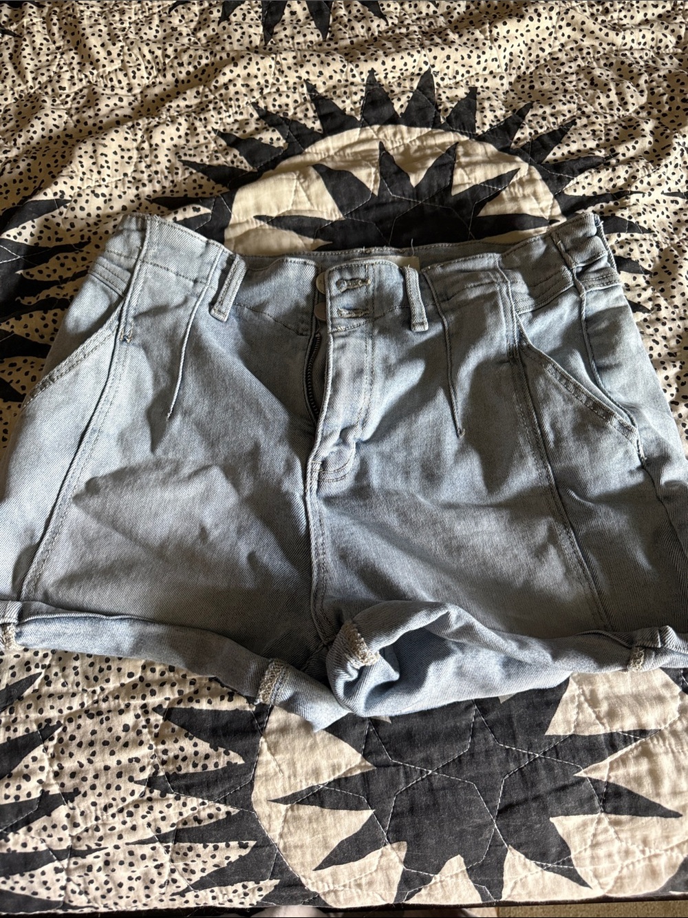 High-Rise Light Blue Denim Roll-Hem Shorts